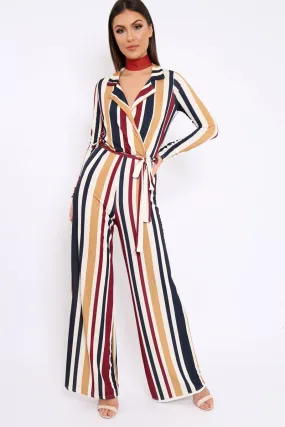 Wine Plunge Front Multi Stripe Jumpsuit - Jara