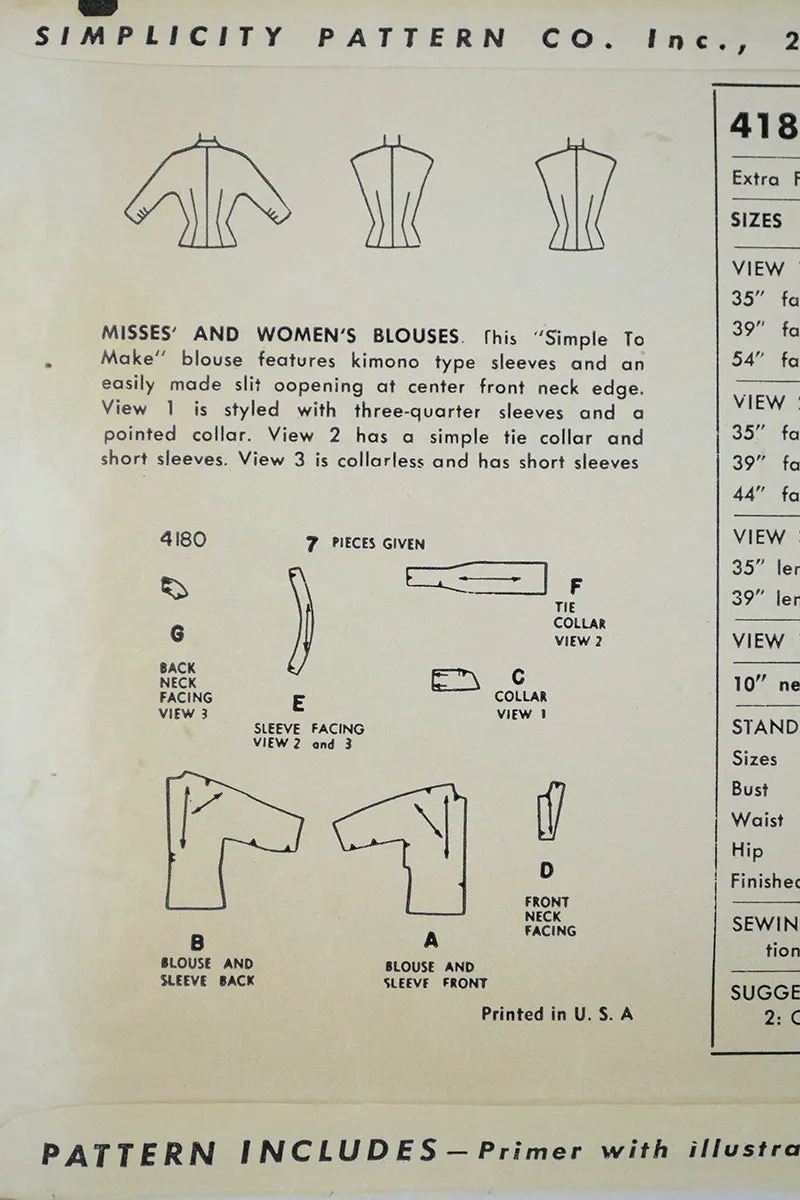 1952 Simplicity 4180 Vintage Blouse Sewing Pattern