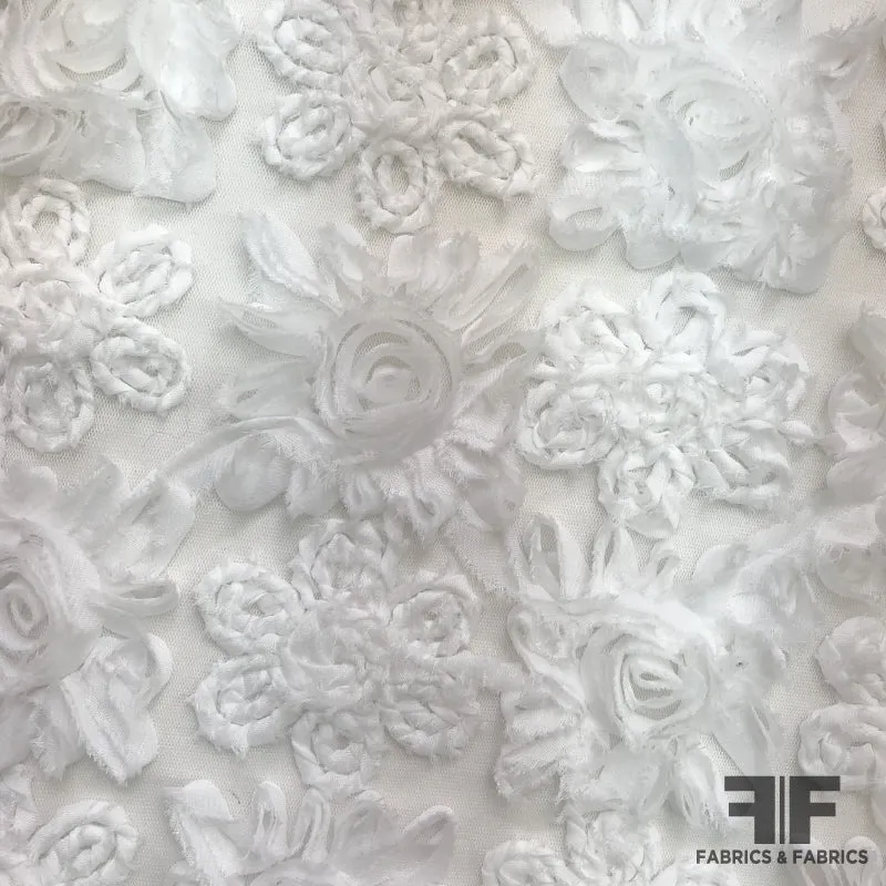 3D Floral Embroidered Netting - White