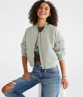 Aeropostale Womens' Solid Cropped Bomber Jacket - Green - Size L - Polyester - Teen Fashion & Clothing Everglade Olive