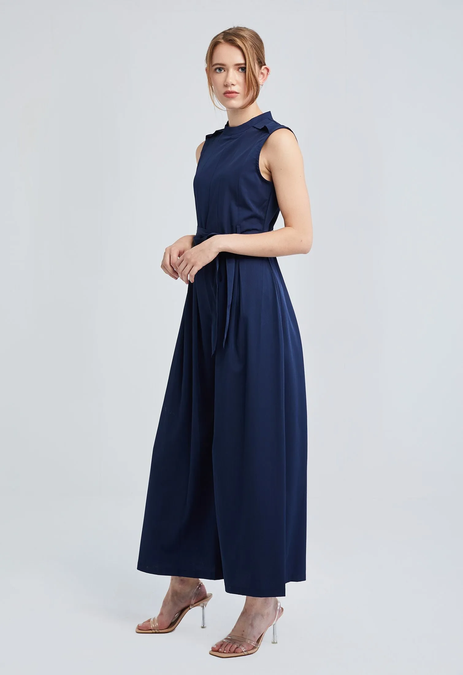 Belted Pleat Wide Leg Jumpsuit