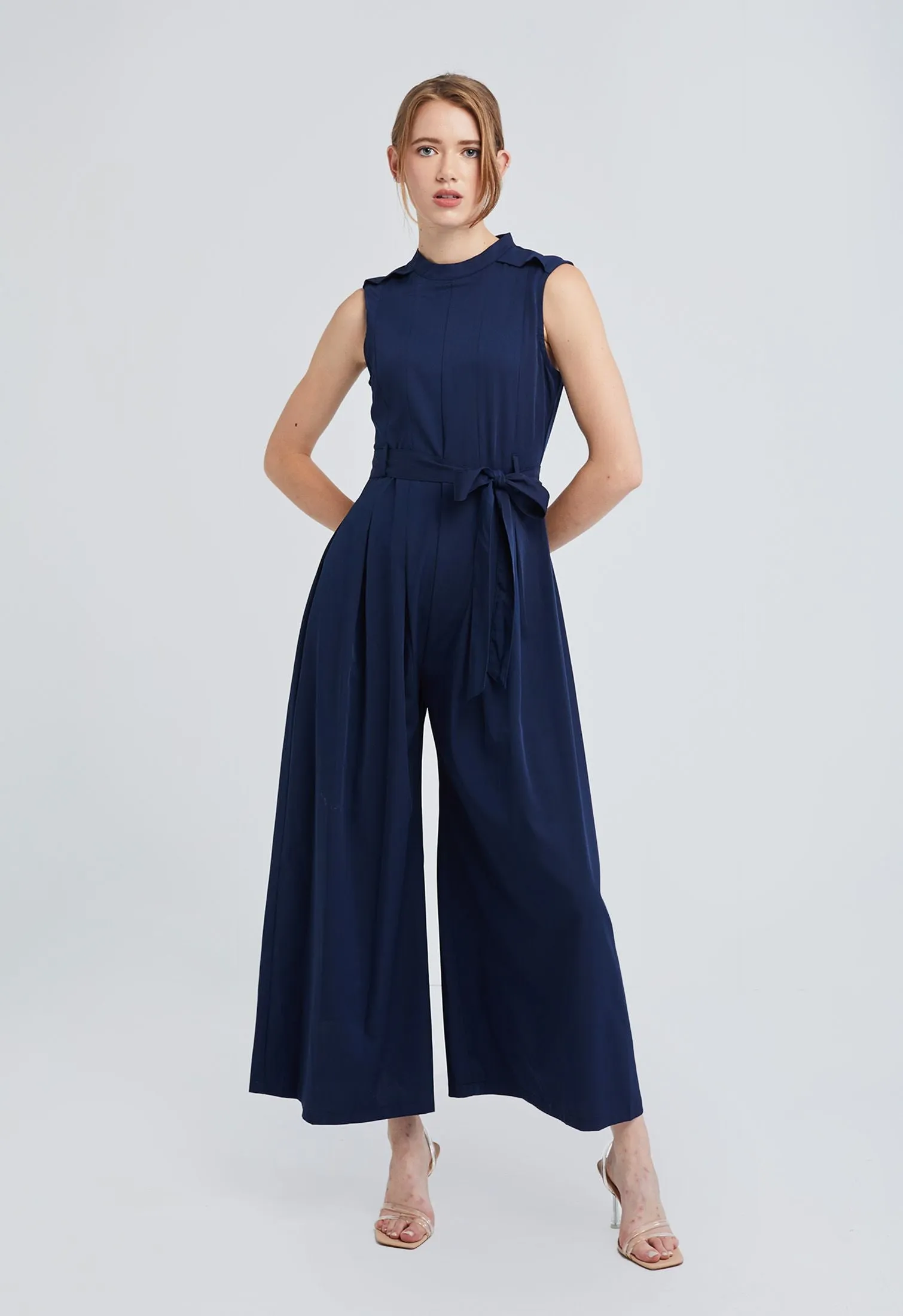 Belted Pleat Wide Leg Jumpsuit