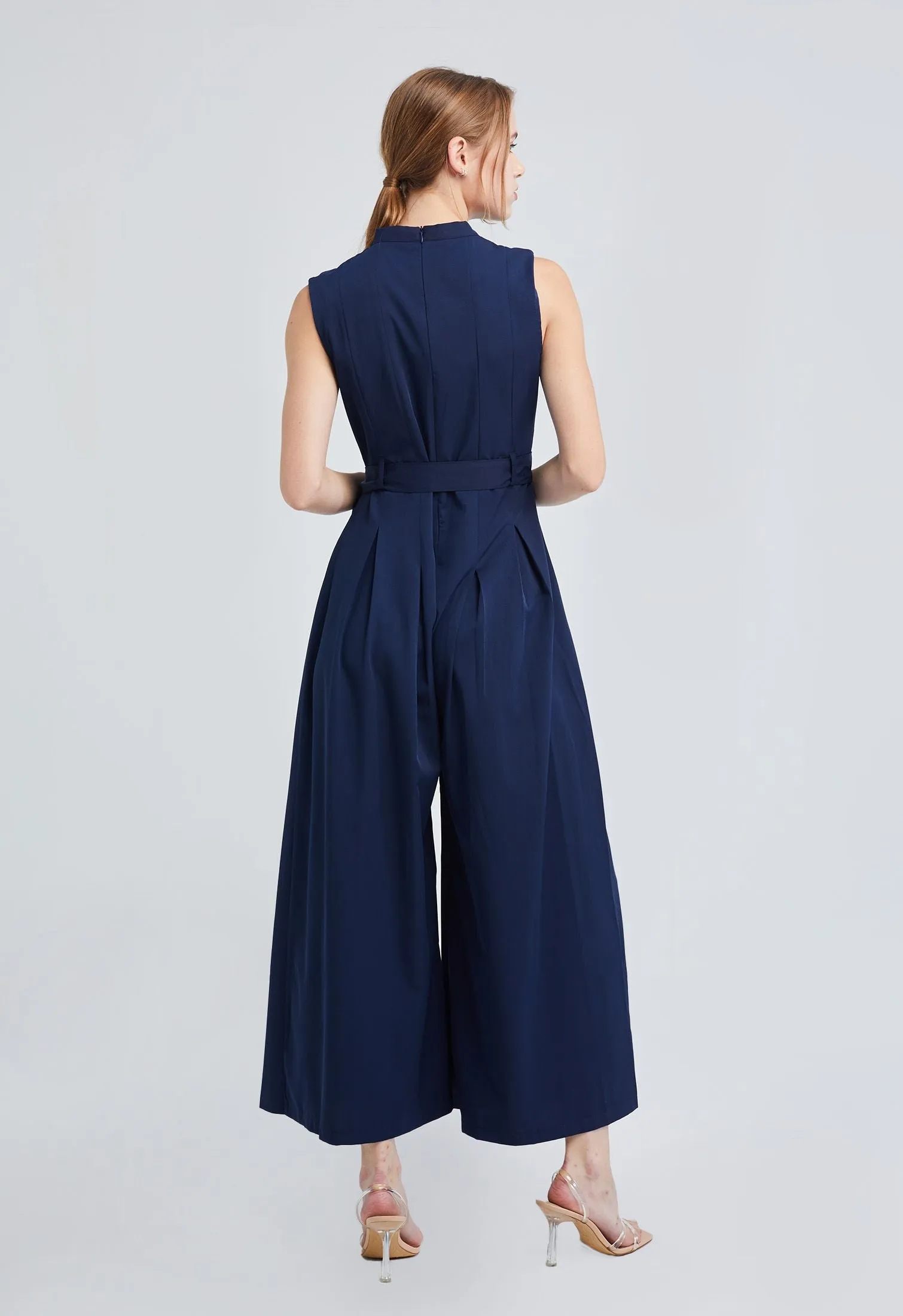 Belted Pleat Wide Leg Jumpsuit