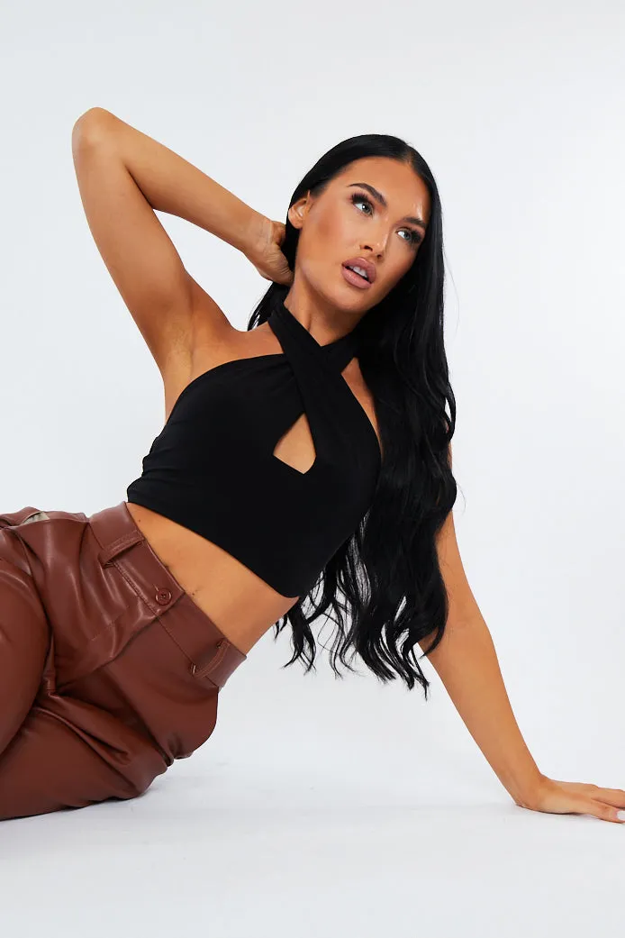 Black Halter Neck Slinky Crop Top - Jessabel