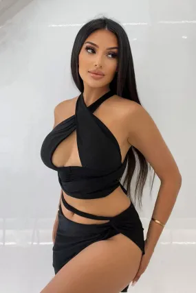 Black Halter Neck Slinky Crop Top - Jessabel