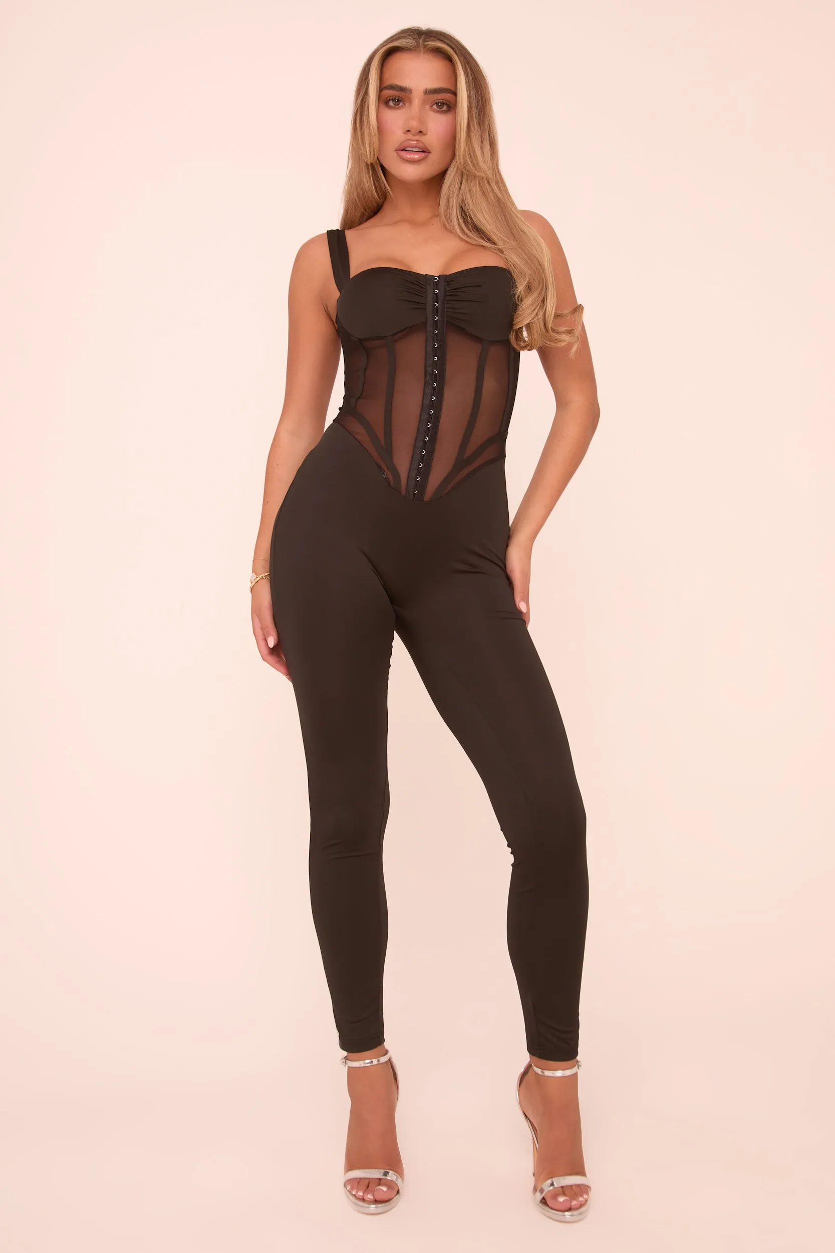 Black Mesh Panel Corset Detail Sleeveless Jumpsuit - Susanna