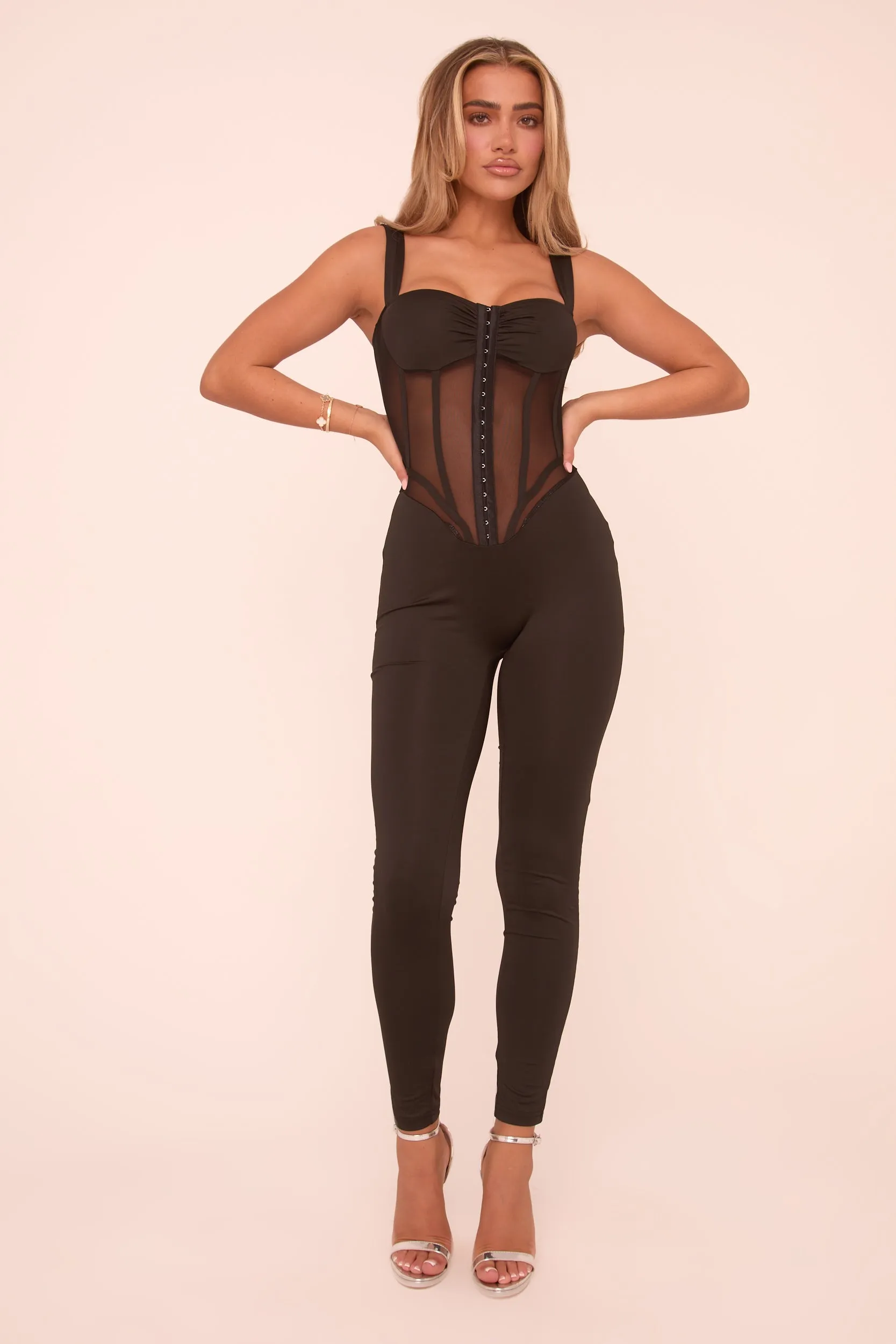 Black Mesh Panel Corset Detail Sleeveless Jumpsuit - Susanna