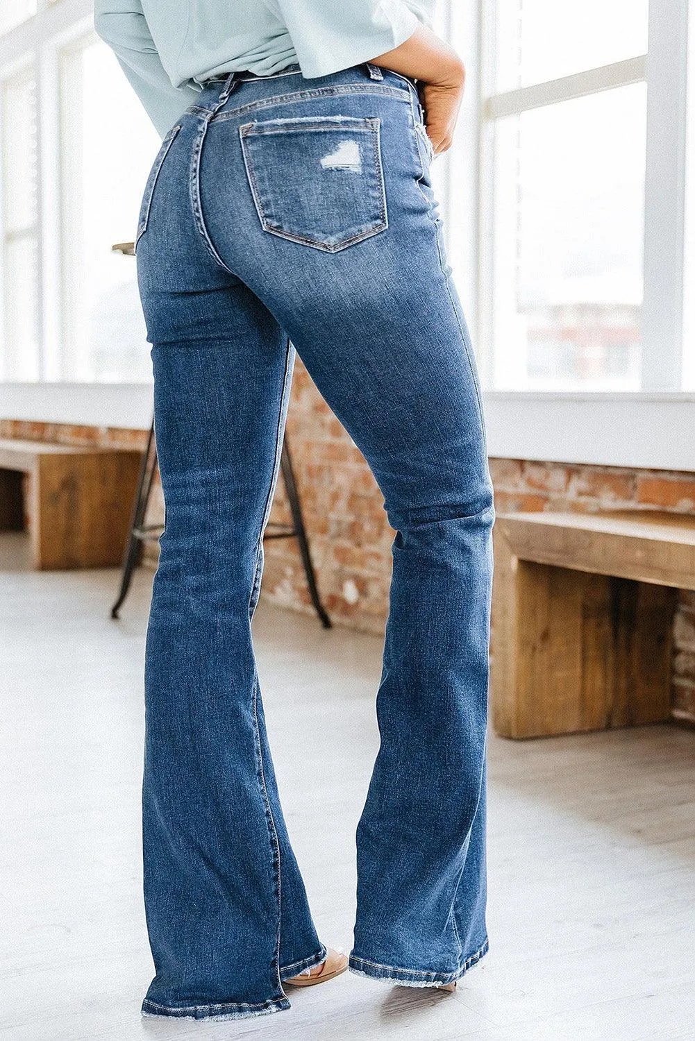 Blue Medium Wash High Rise Flare Jeans