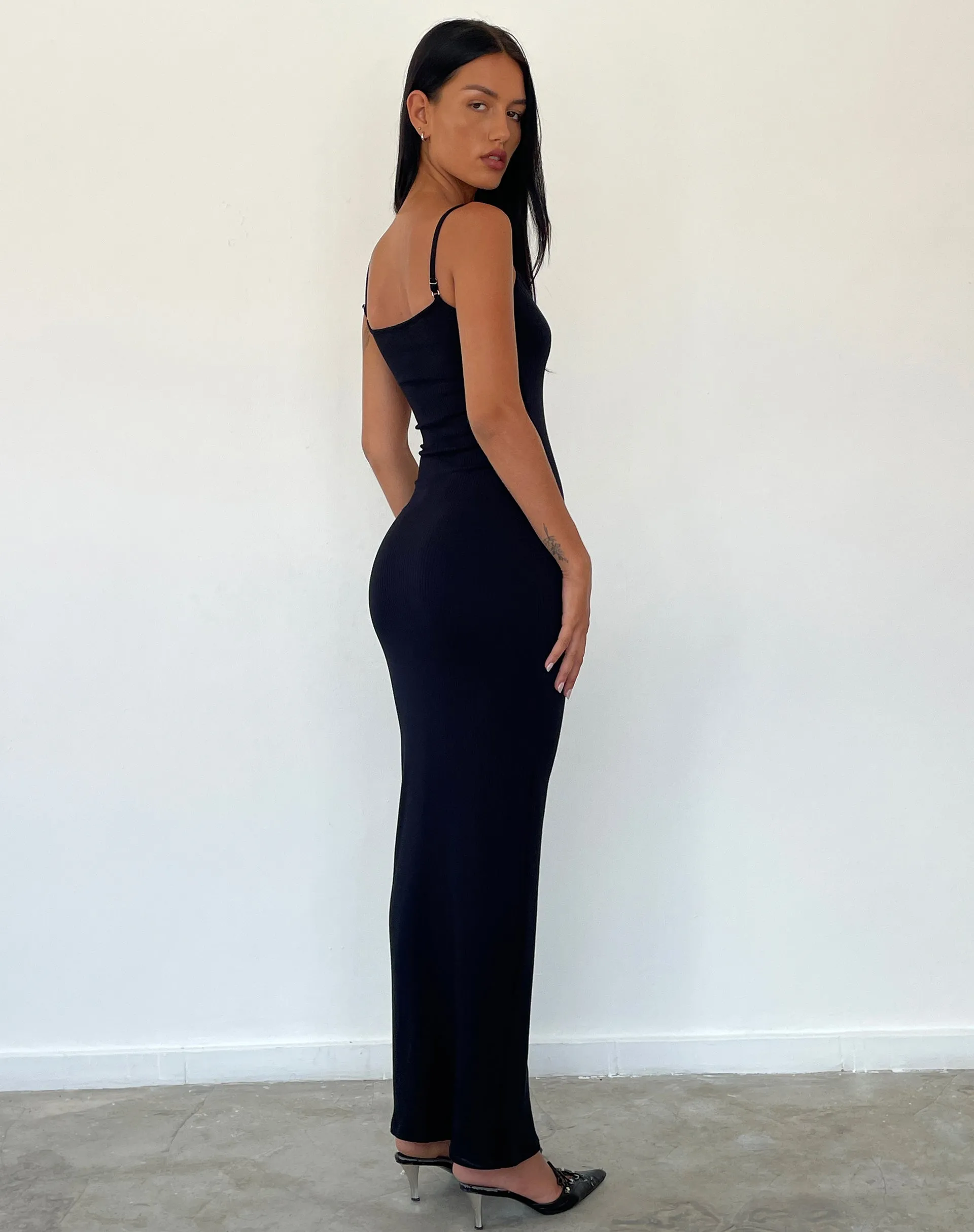 Cantha Strappy Maxi Dress in Black Rib