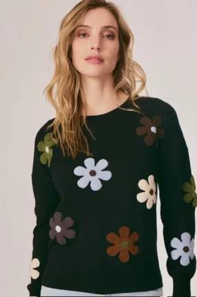 Cotton Cashmere Floral Sweater - Black