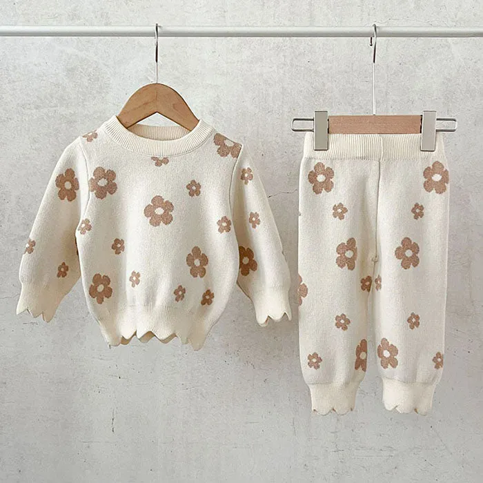 Daisy Knit & Pants Set - Brown & Cream