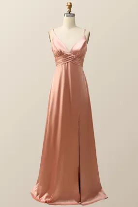 Empire Blush Silk A-line Long Bridesmaid Dress with Slit