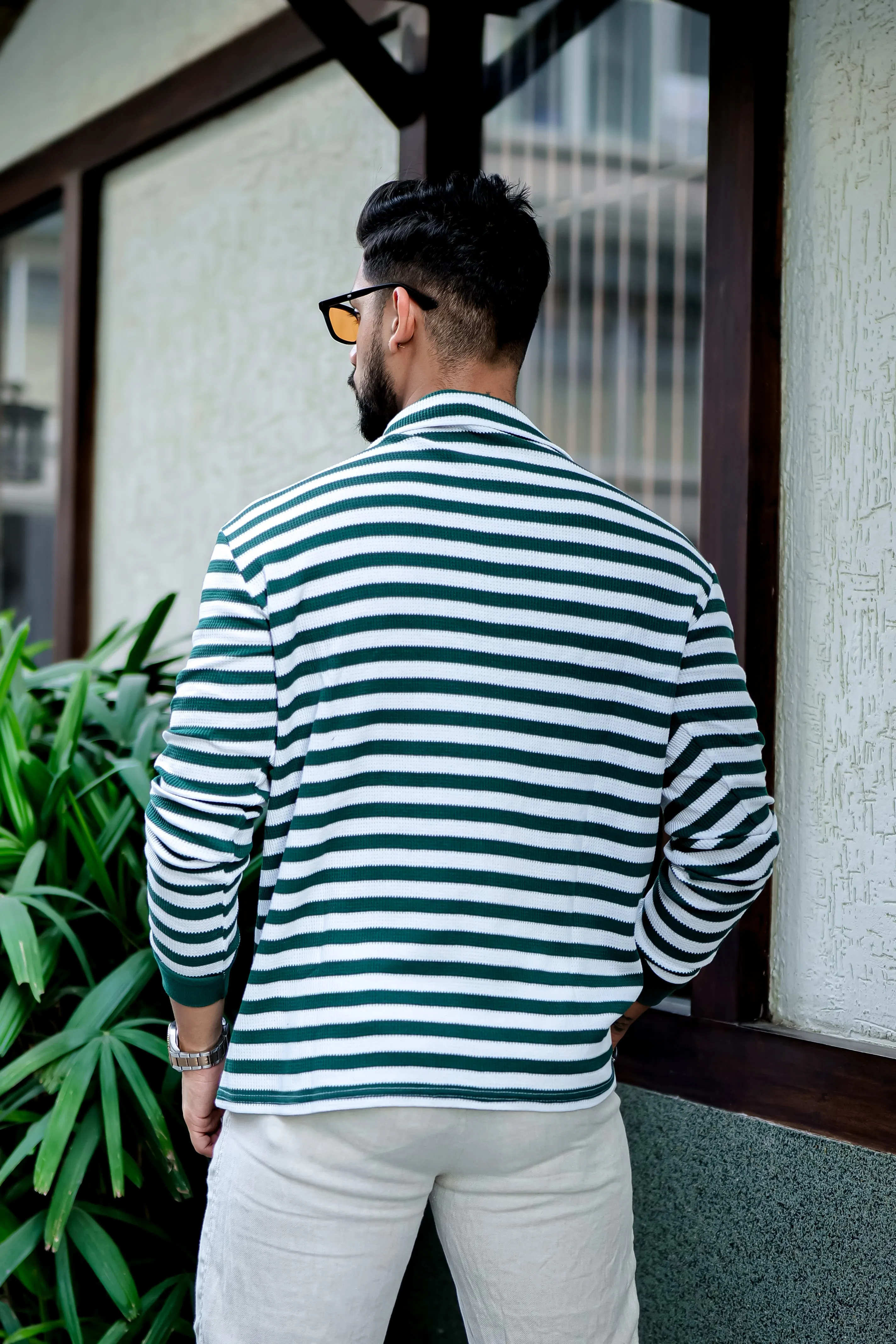 Green Stripe Self Design Zipper T-Shirt