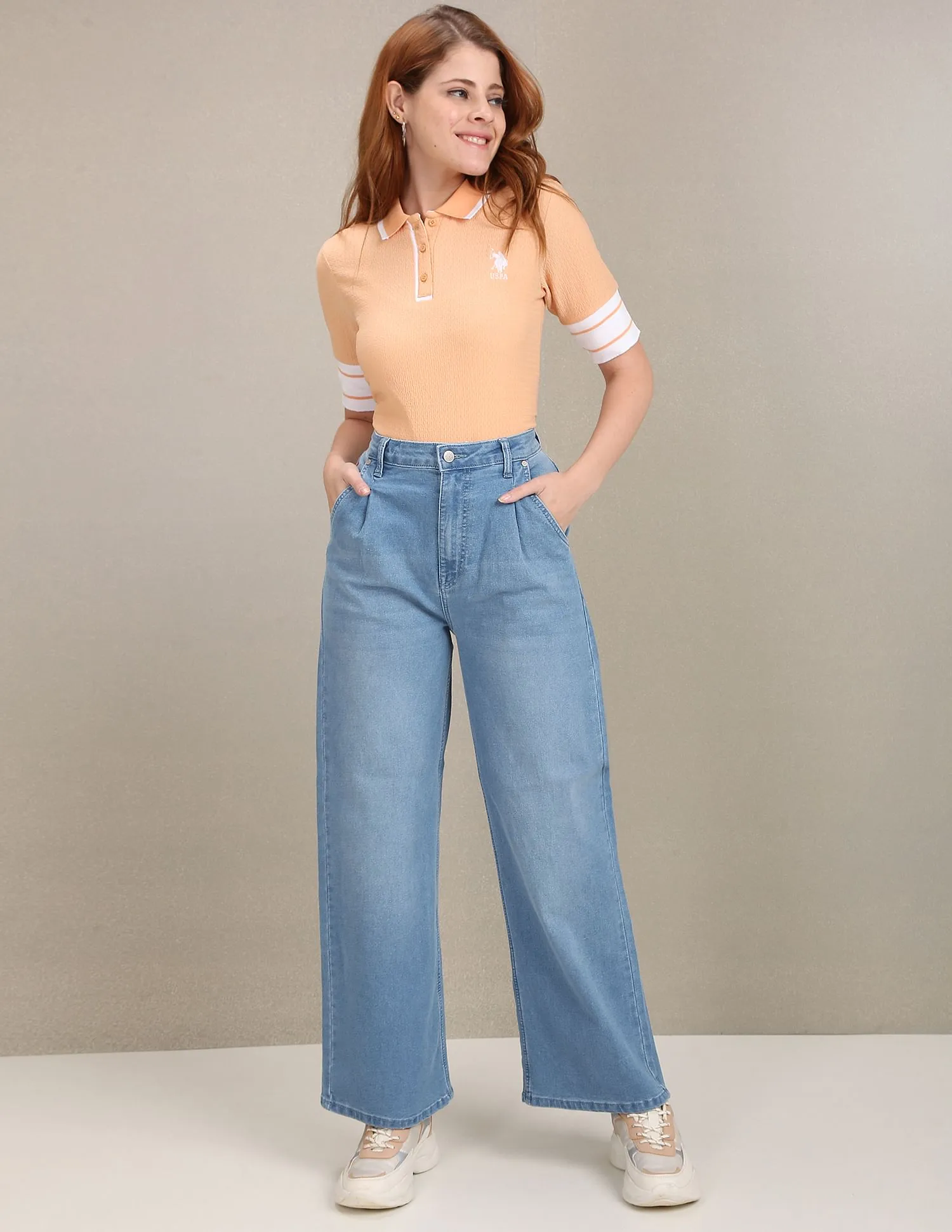 High Rise Pleated Wide Leg Jeans