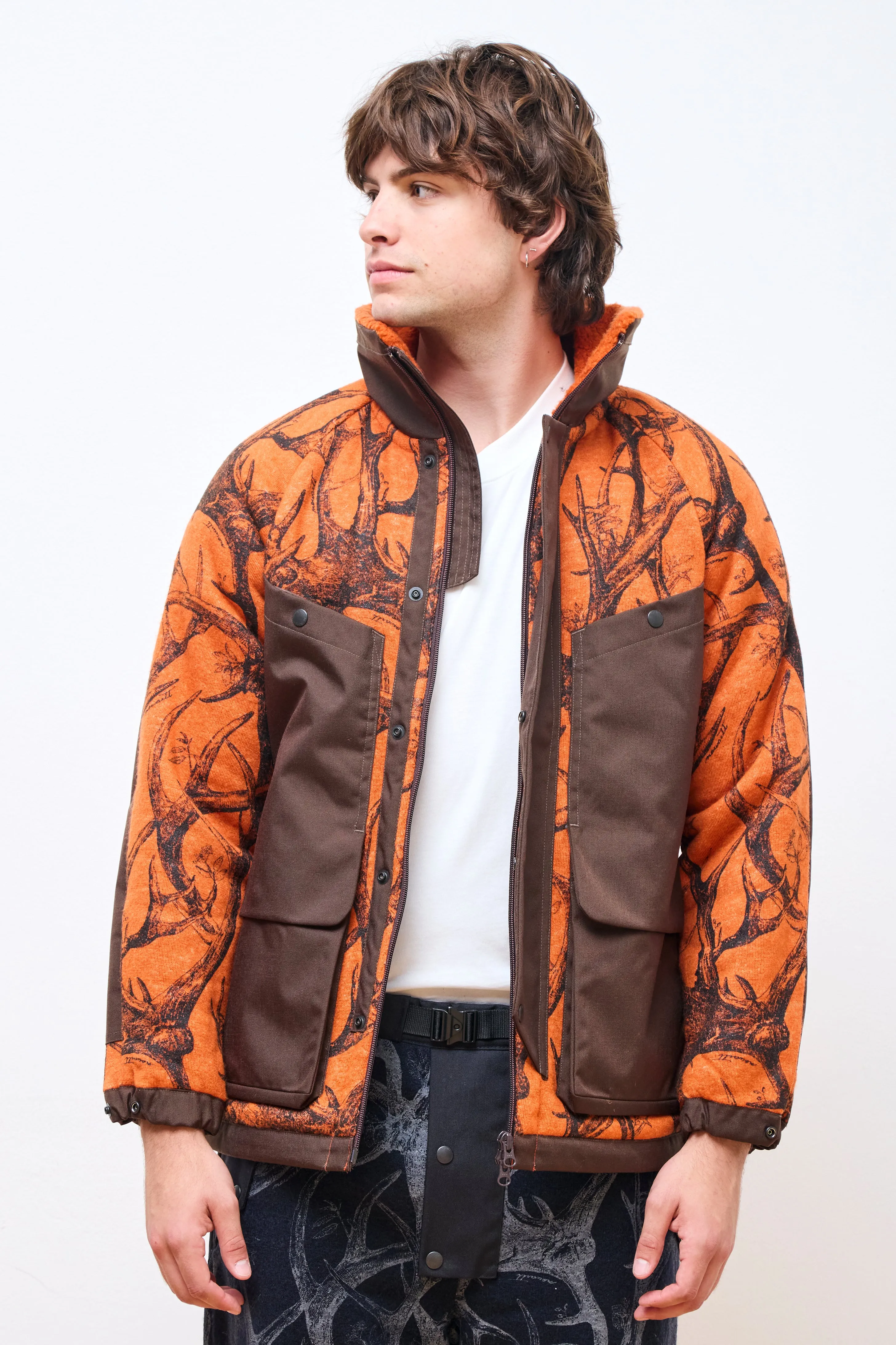 Horn Tree Print Wool Boa Jacket Orange