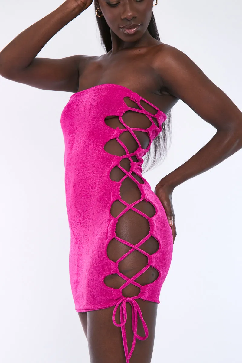 Hot Pink Lace Up Side Acetate Slinky Mini Dress - Alexis