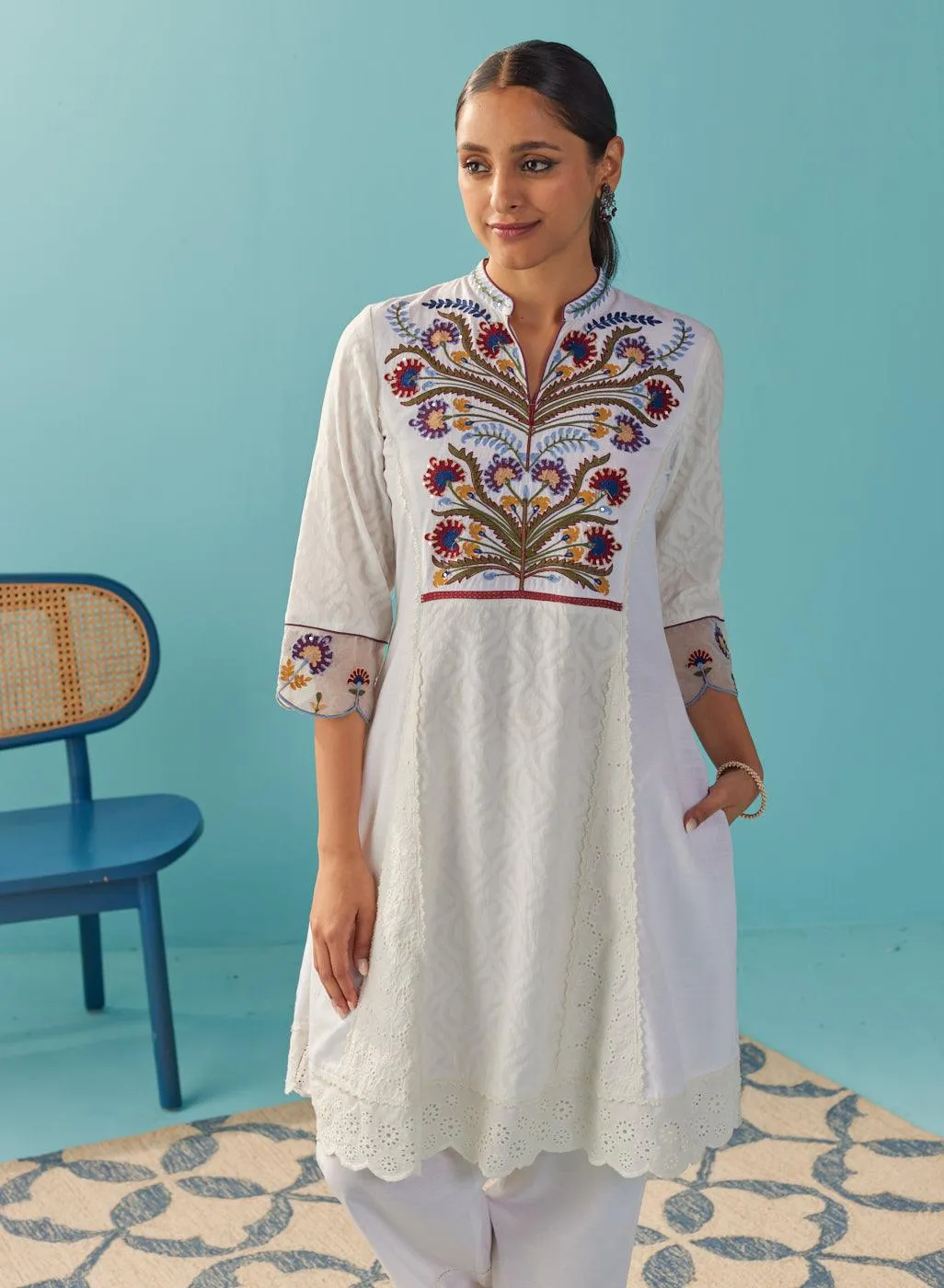 Ivory Multi Color Floral Embroidered Kurta Set