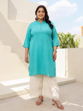 Juniper Teal Plus Size Straight Kurta Crafted With Rayon Fabric