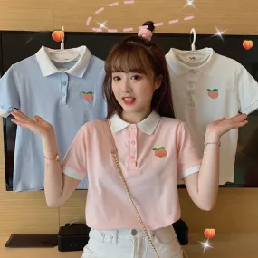 Kawaii Embroidered Contrast Color Shirt