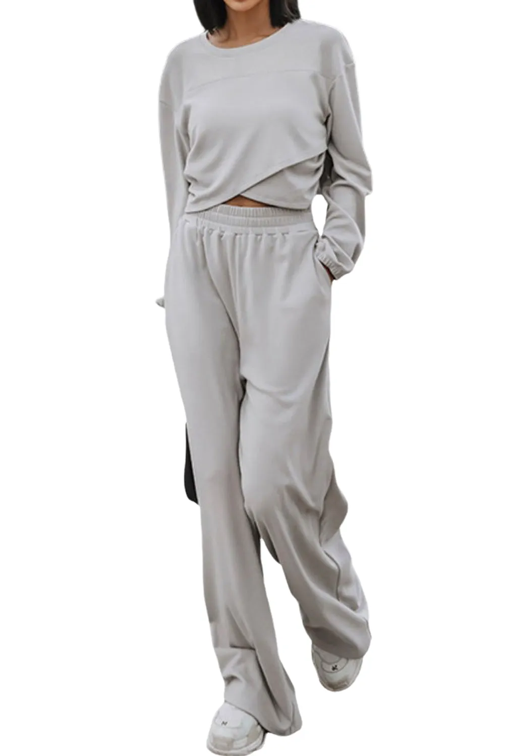 Light Grey Criss Cross Crop Top and Pants Loungewear Set