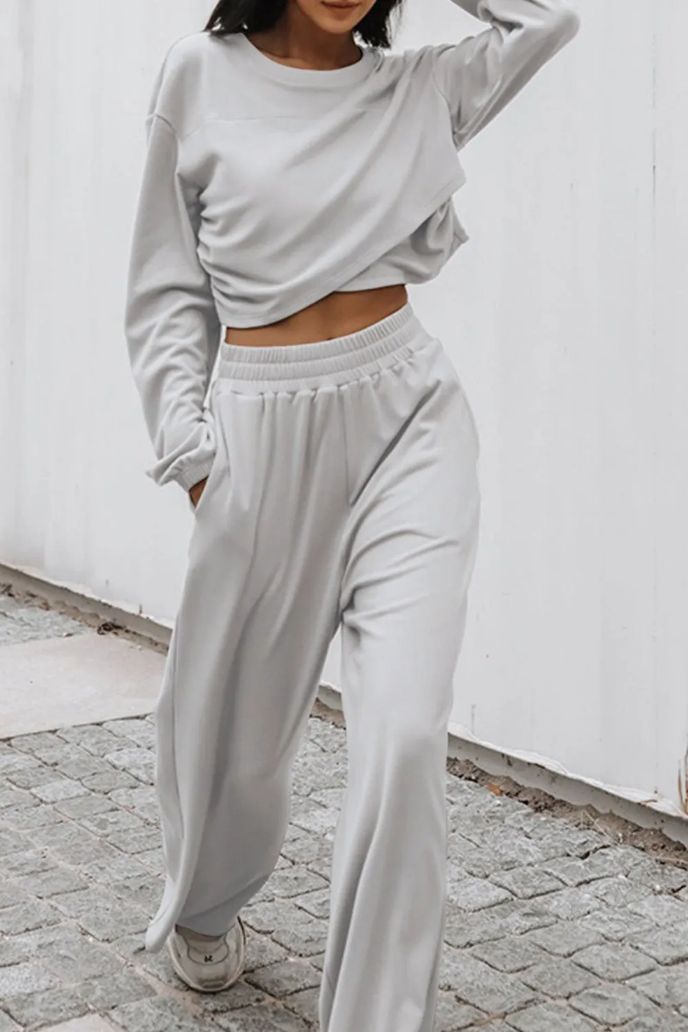 Light Grey Criss Cross Crop Top and Pants Loungewear Set