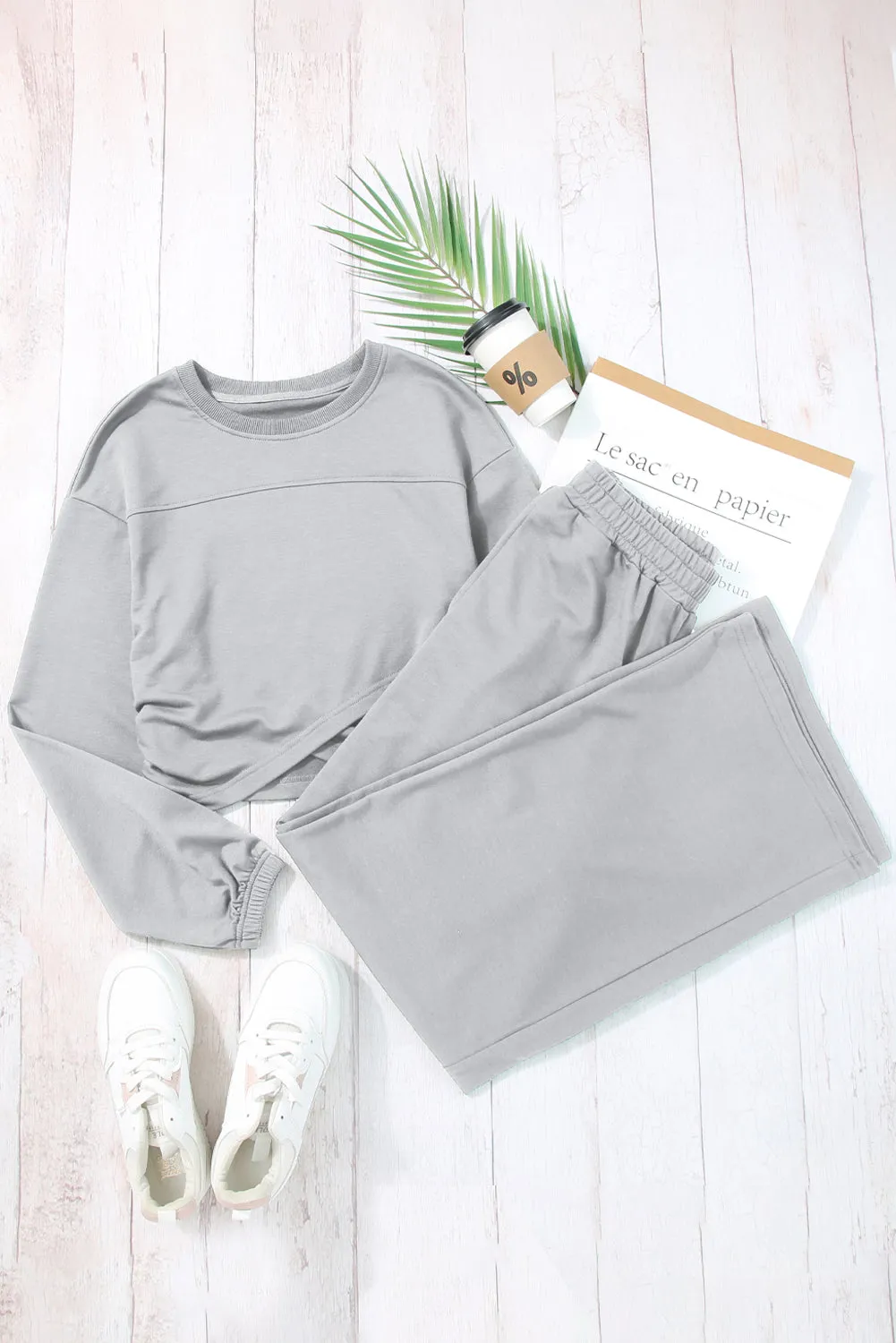 Light Grey Criss Cross Crop Top and Pants Loungewear Set