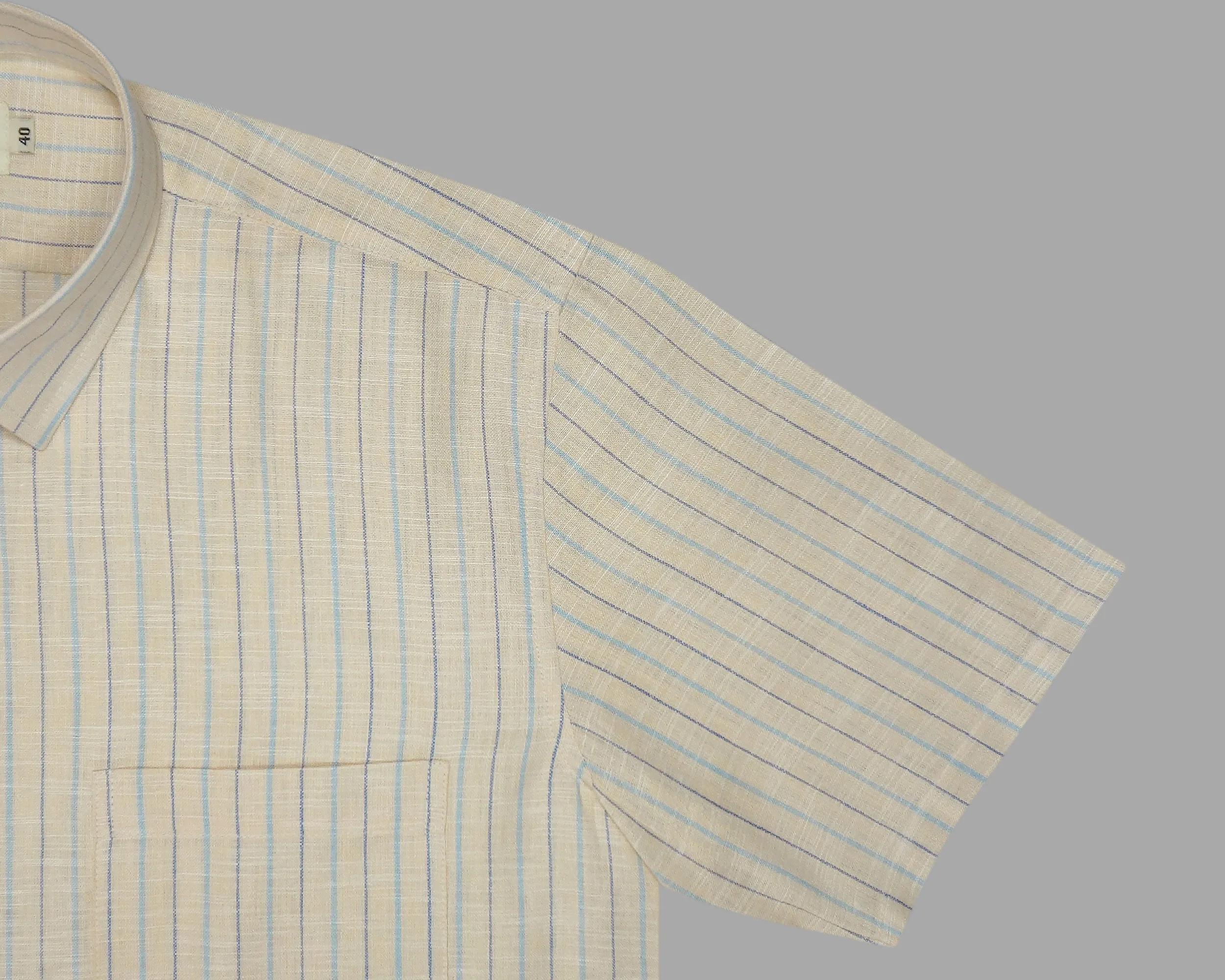 Men's Cotton Linen Striped Half Sleeves Shirt (Peach)