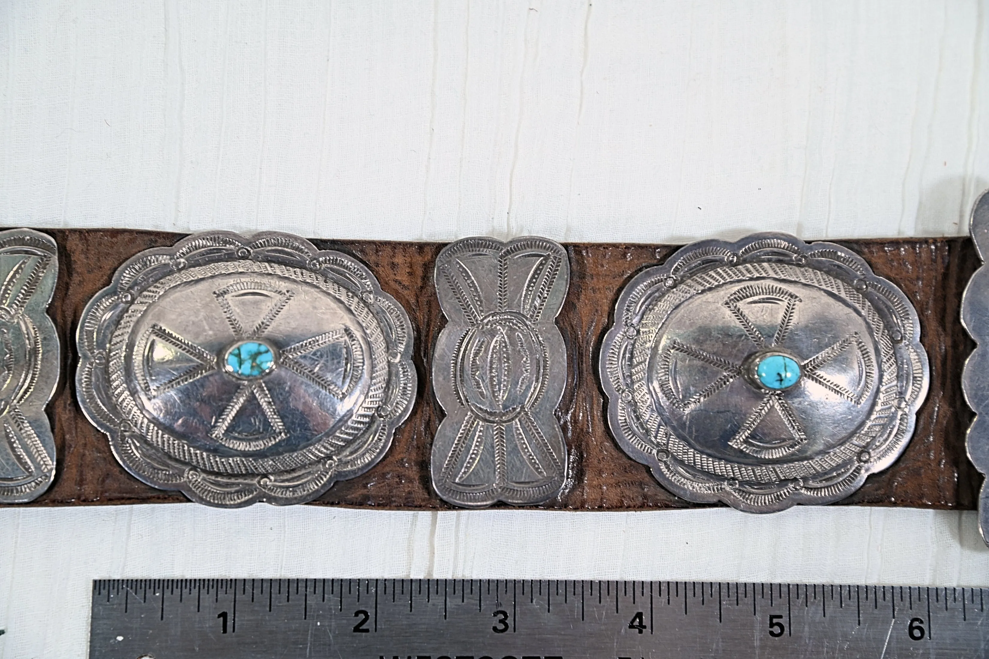 Mid 20th Century Navajo Concho Belt, Silver Turquoise Native American Belt 34"L, 411 Grams