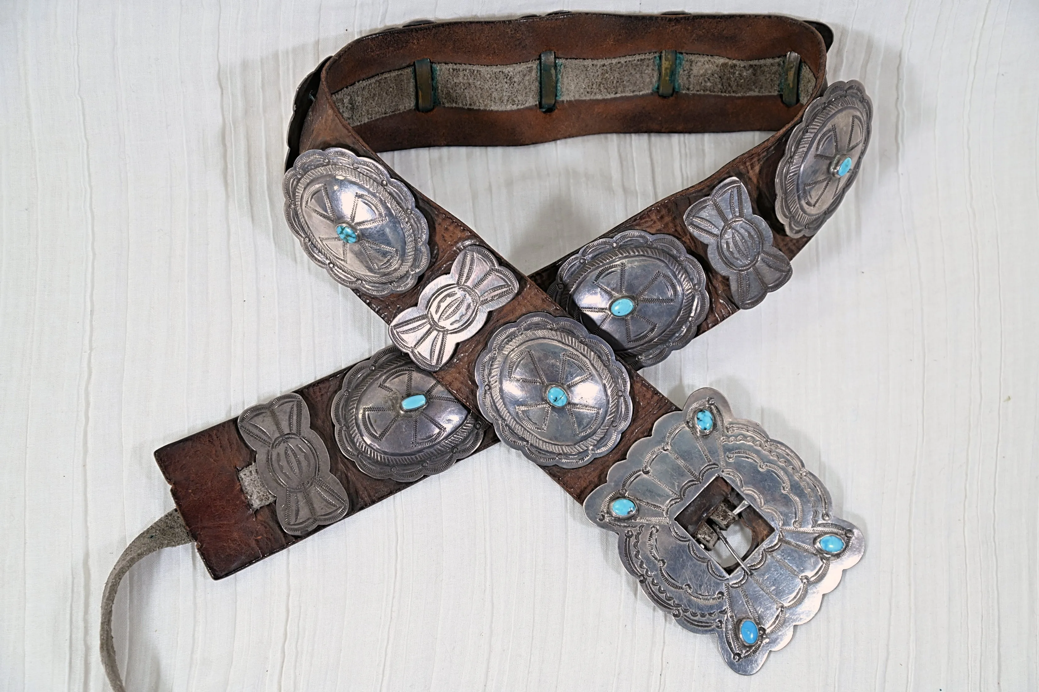 Mid 20th Century Navajo Concho Belt, Silver Turquoise Native American Belt 34"L, 411 Grams