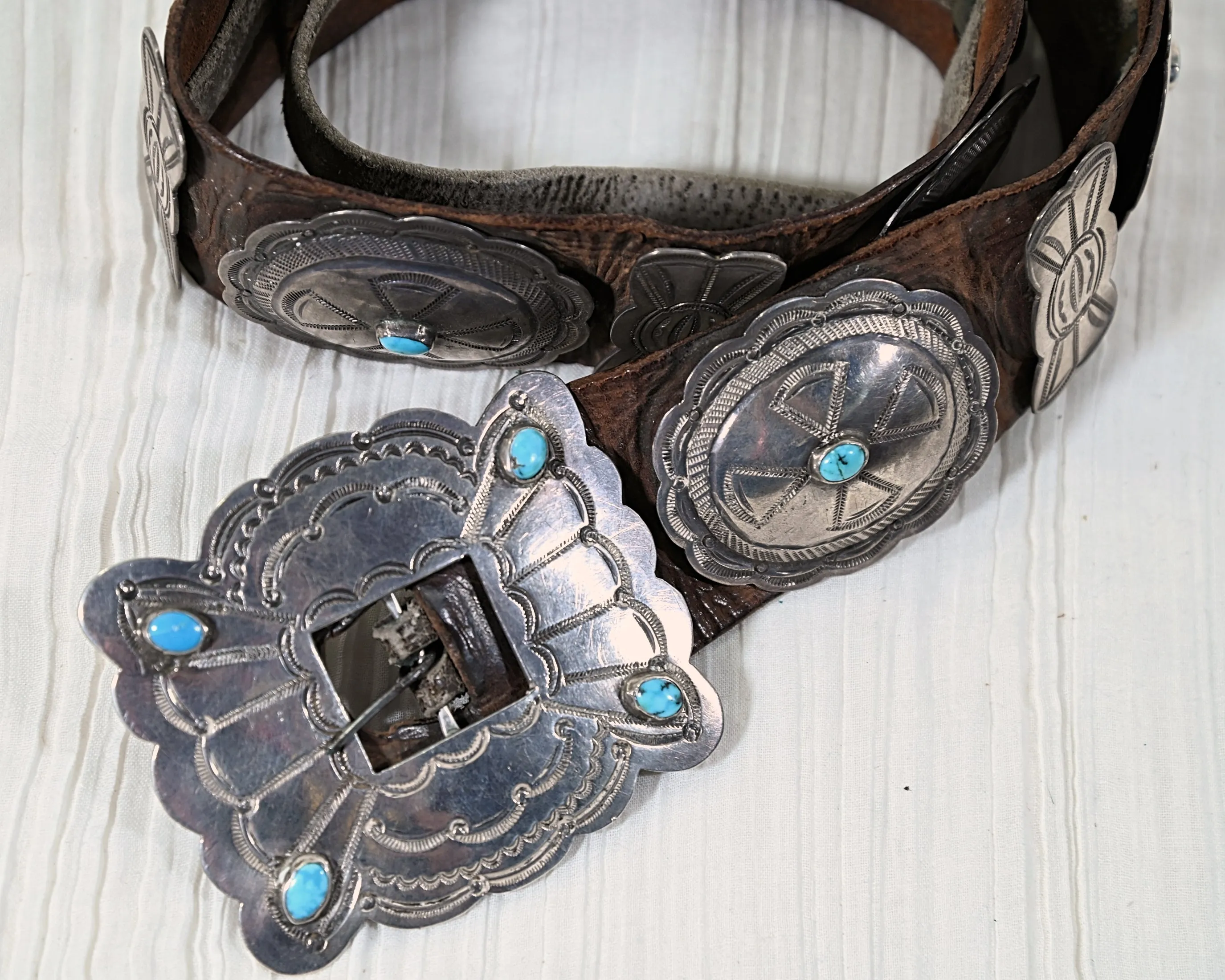 Mid 20th Century Navajo Concho Belt, Silver Turquoise Native American Belt 34"L, 411 Grams