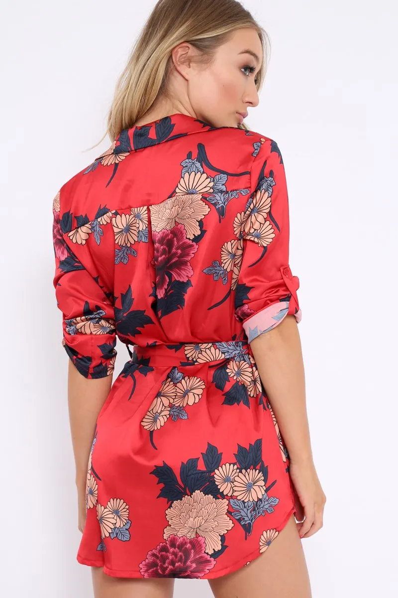 Red Floral Satin Shirt Tie Dress - Sophina