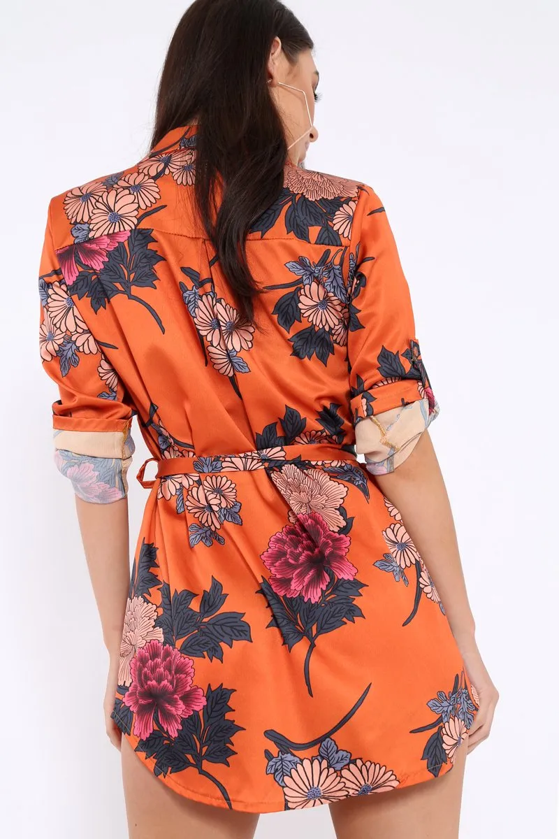 Rust Floral Satin Shirt Tie Dress - Sophina