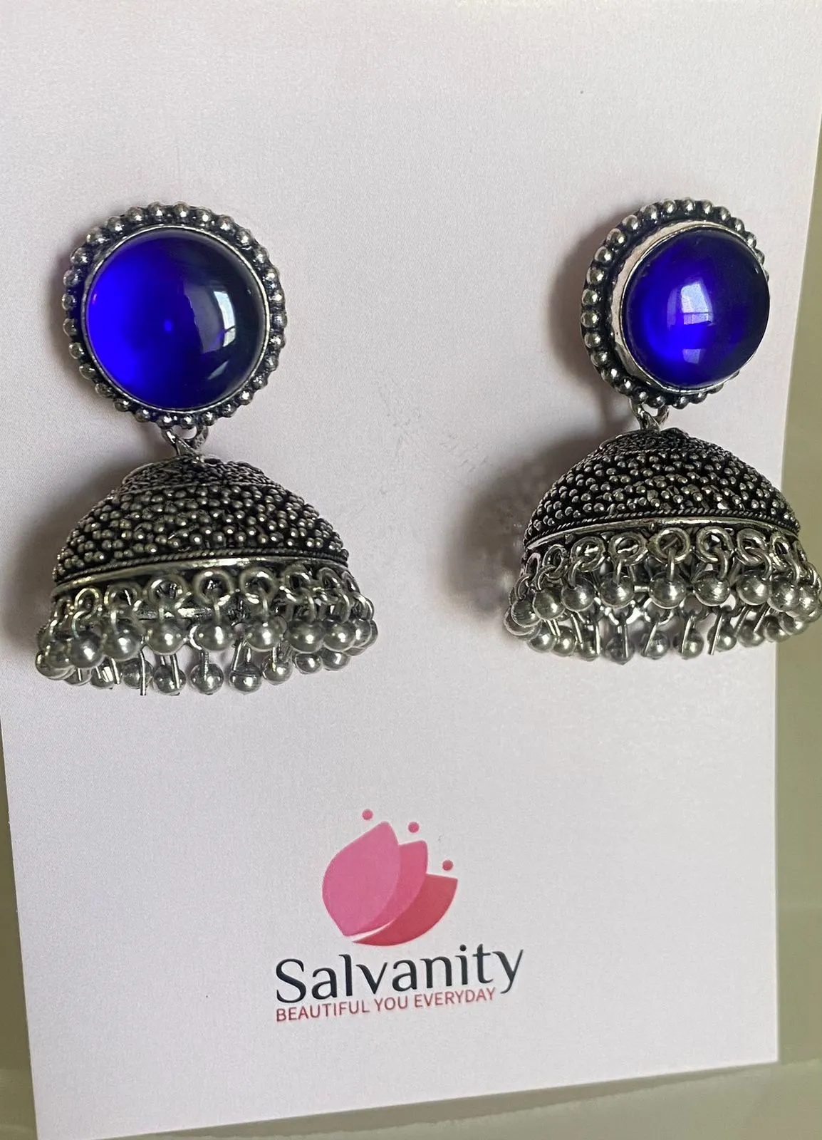 Salvanity German Silver Everyday Elegance Round Stone Jhumki