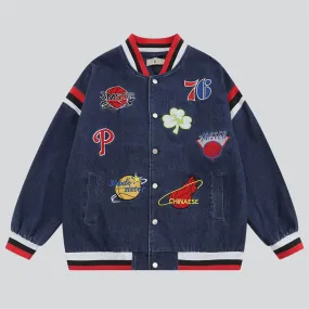 Striped Stand Collar Embroidery Denim Jacket