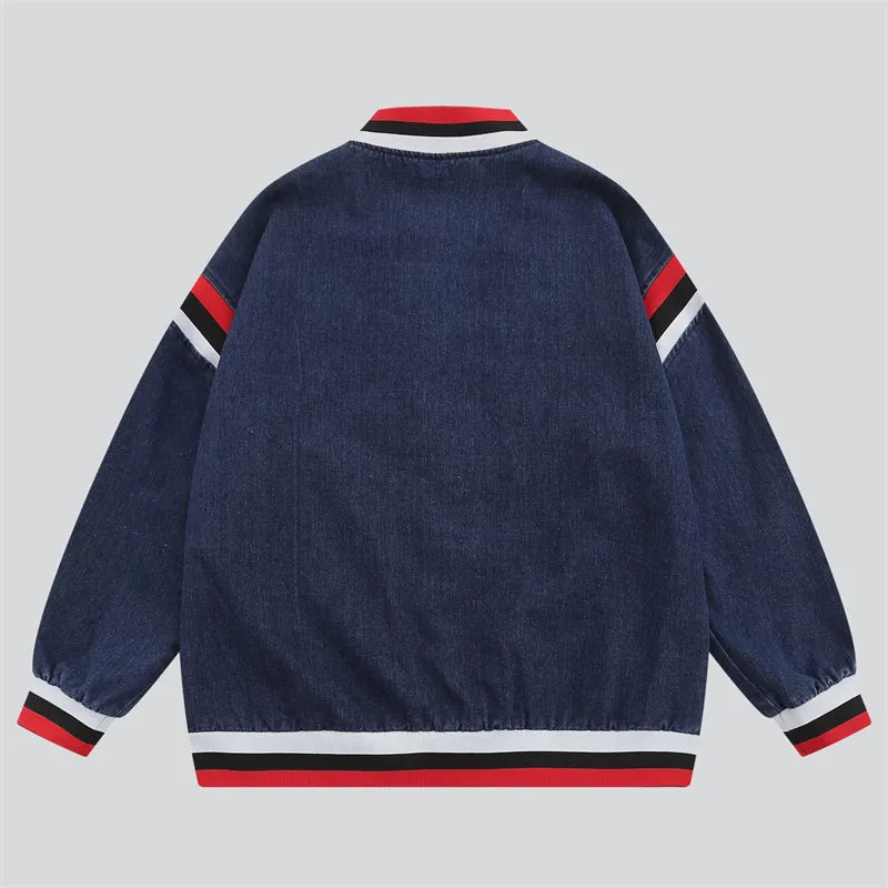 Striped Stand Collar Embroidery Denim Jacket