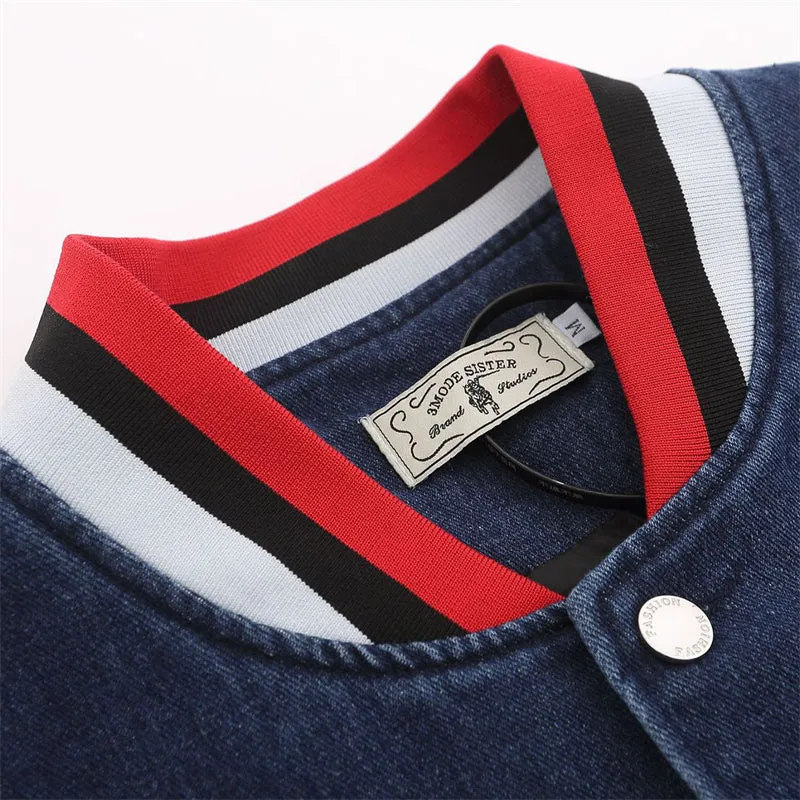 Striped Stand Collar Embroidery Denim Jacket