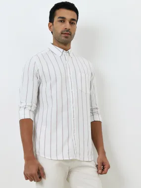 WES Casuals White Striped Slim-Fit Cotton Shirt