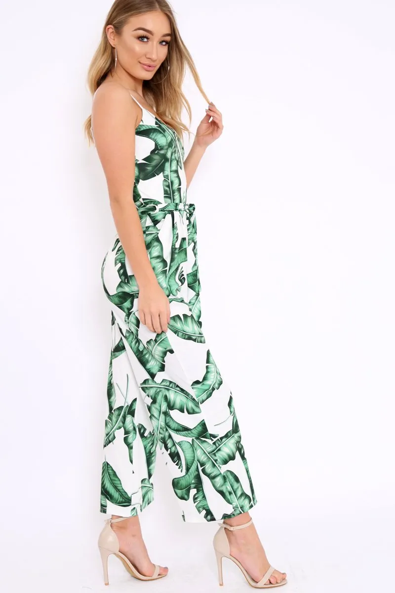 White Leaf Print Awkward Length Jumpsuit - Tallia