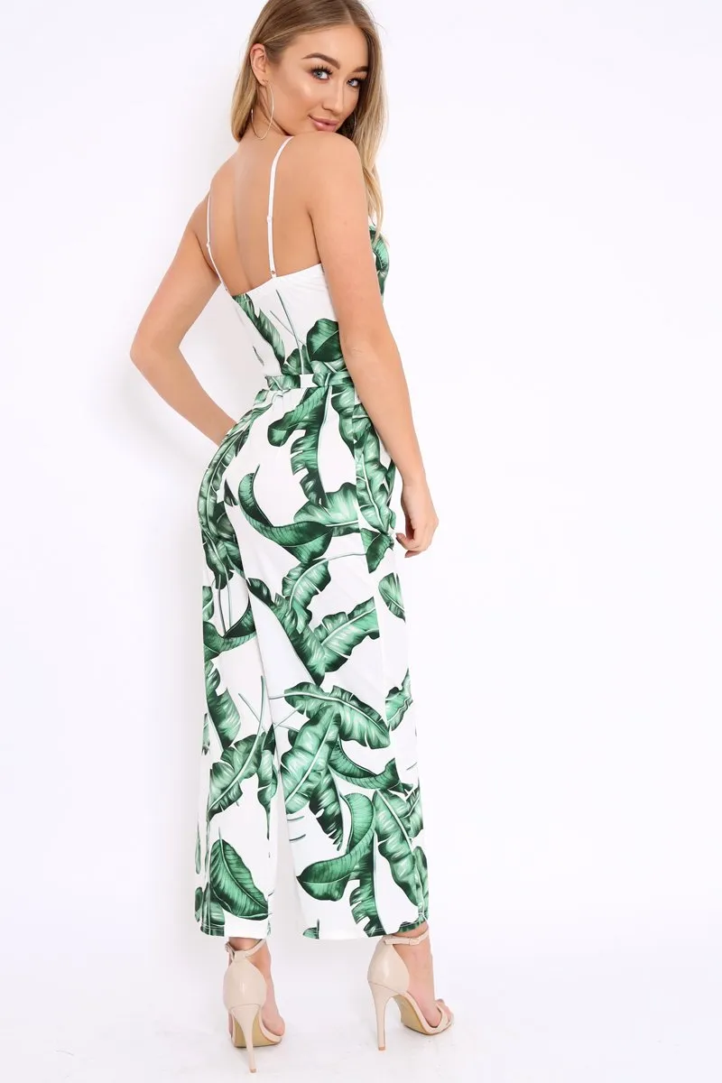 White Leaf Print Awkward Length Jumpsuit - Tallia