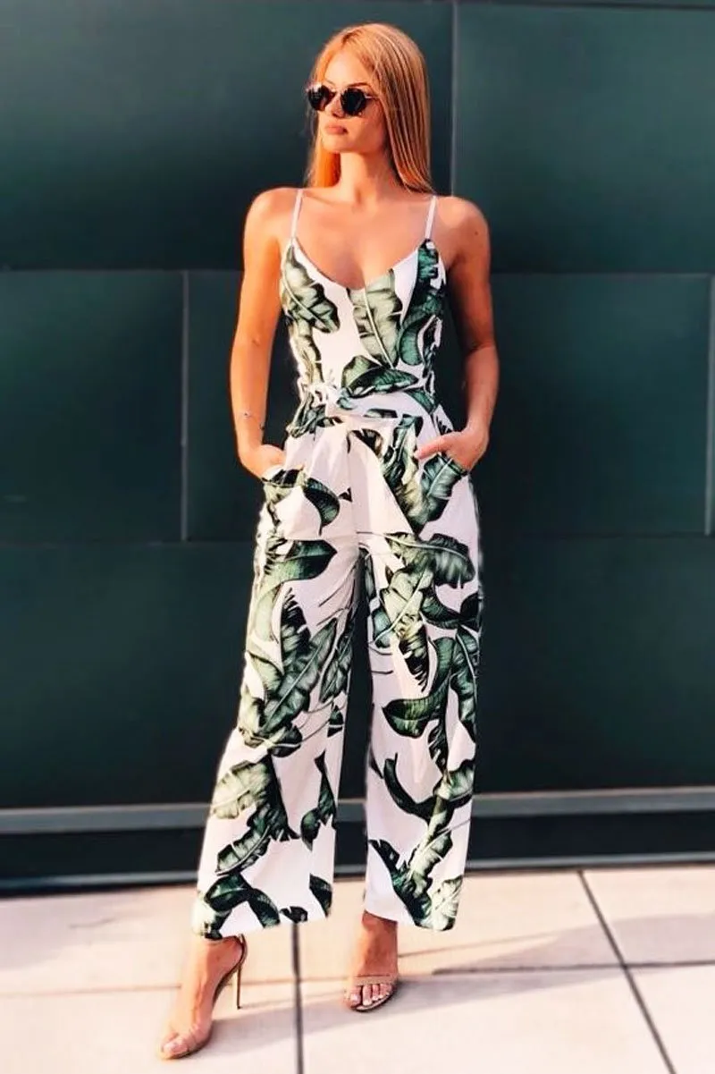 White Leaf Print Awkward Length Jumpsuit - Tallia