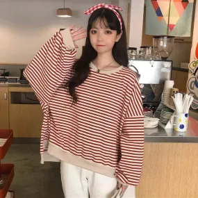 Women's Casual Round Collar Long Sleeved Striped Shirts