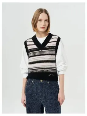 Wool stripe striped vest black domestic product